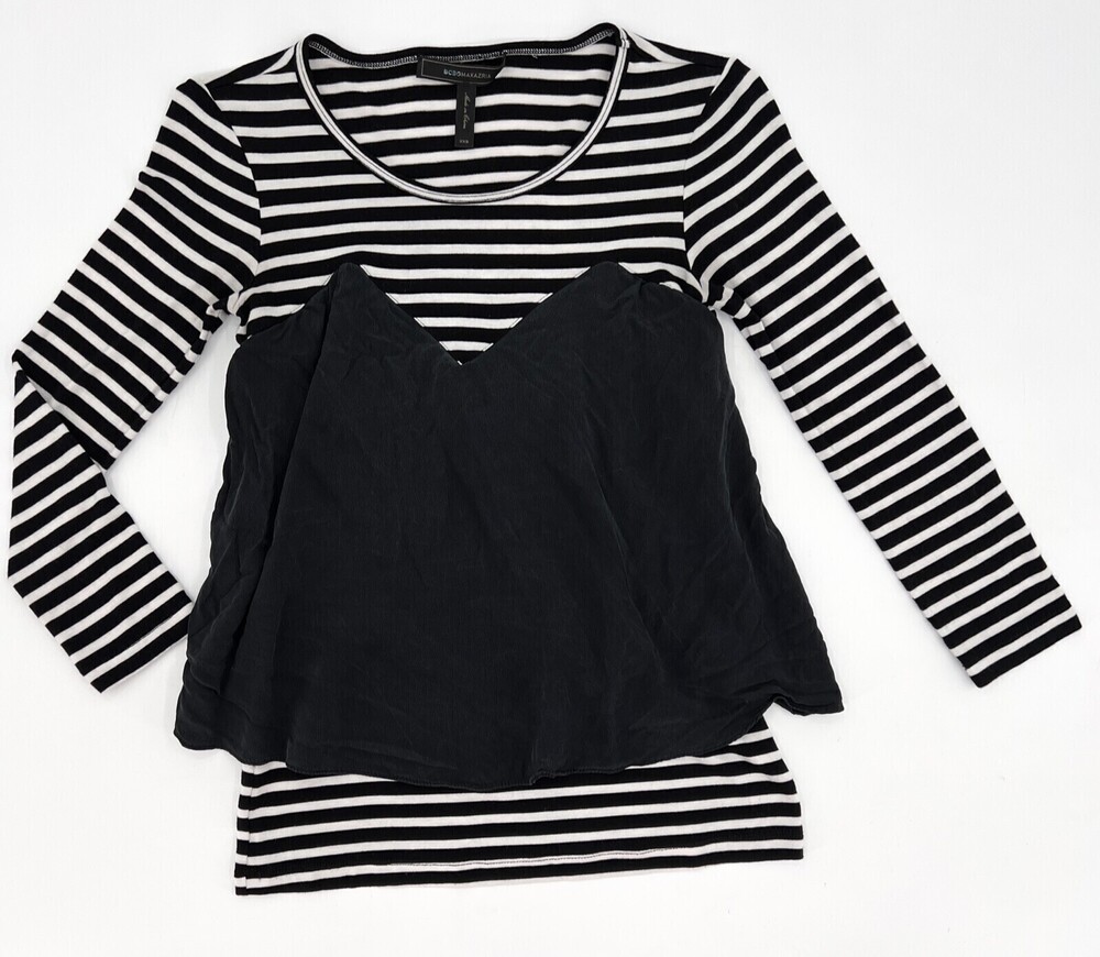 BCBG Maxaria Shirt Womens XXS Extra Extra Small Black Striped Silk Overlay